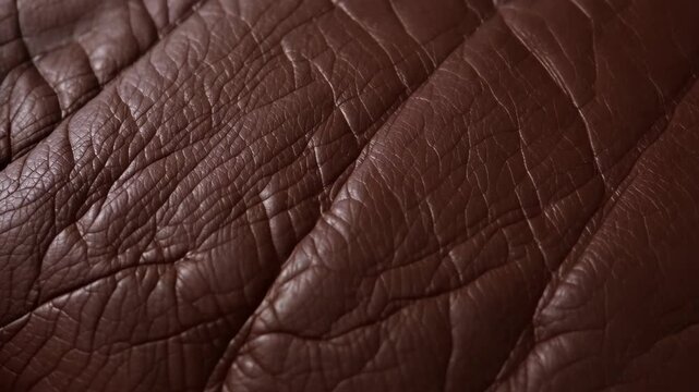 Close up view of brown leather texture showing folds and creases in natural light for design and craft ideas
