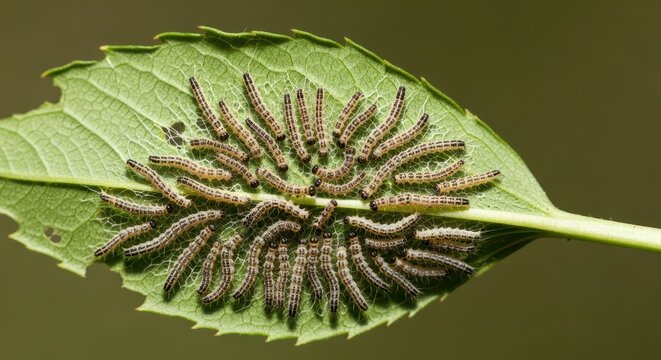 Group of caterpillars feeding on green leaf with intricate patterns and textures in natural environment
