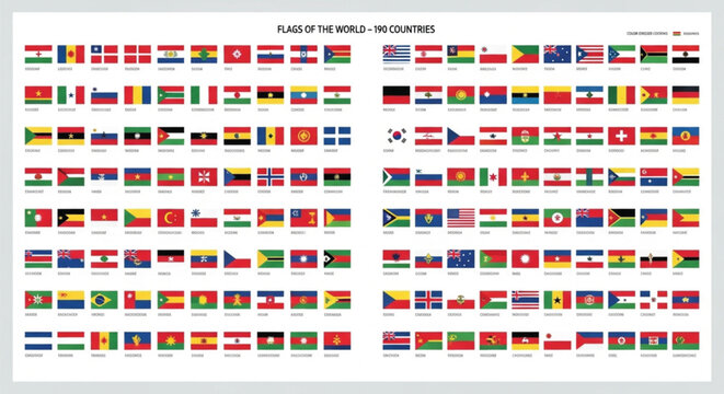 An extensive visual compilation showcasing the national flags of 195 countries worldwide, arranged neatly in a comprehensive grid.