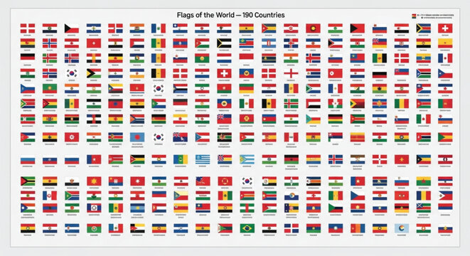 A comprehensive collection of 193 national flags from countries around the world, arranged neatly in a grid pattern.