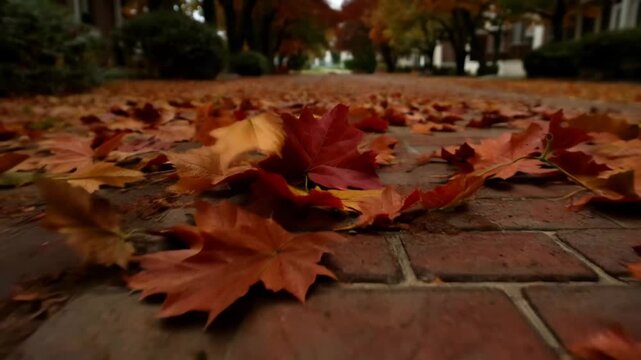 Colorful autumn leaves cover brick path in quiet neighborhood during fall afternoon