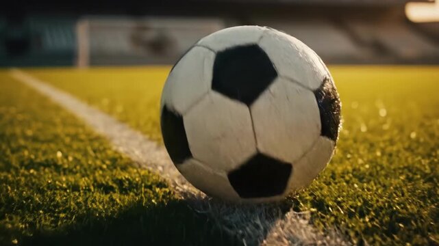 Soccer ball on a corner kick line at a stadium, close up view moving across the field. Football game match concept.