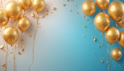 3D Abstract Illustration with Glossy Metallic Gold Balloons over Bright Gradient Background Birthday Celebration Design