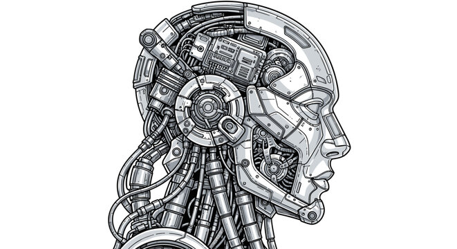 Detailed side profile illustration of a futuristic robotic humanoid head with intricate mechanical components.