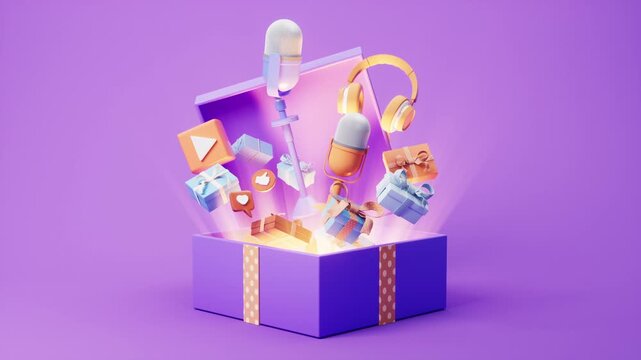 Purple gift box opening with podcast equipment and social media icons animation