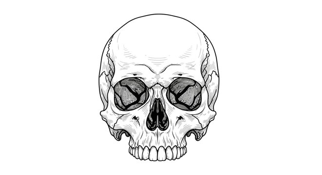 Detailed black and white illustration of a human skull with anatomical accuracy.