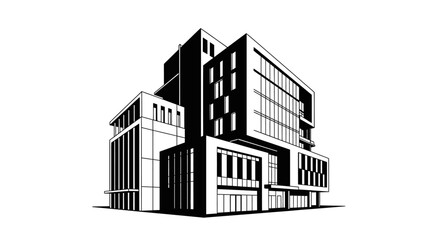Fototapeta premium Modern black and white illustration of a multi-story commercial building with glass windows and architectural details.