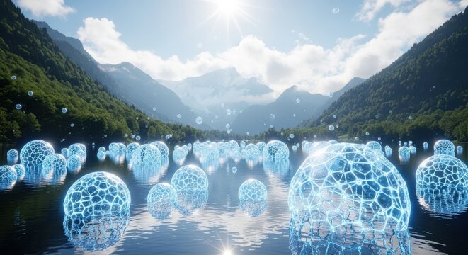 Glowing Spheres Floating On Water Surrounded By Mountains