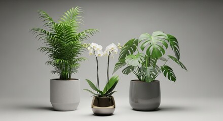 Obraz premium Three Potted Houseplants Against Gray Background