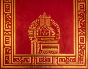 Intricate gold emblem design on a vibrant red backdrop, surrounded by detailed borders