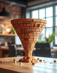 An inverted cone sculpture made of bricks on a wooden table