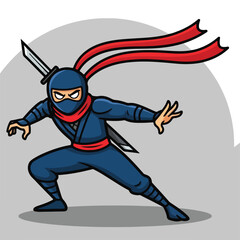Obraz premium Cartoon ninja character in blue costume with red scarf and sword