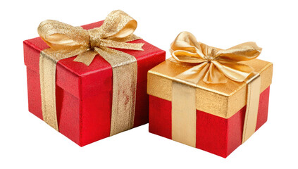Obraz premium Two Red Gift Boxes with Gold Ribbon and Bows Isolated on Transparent Background