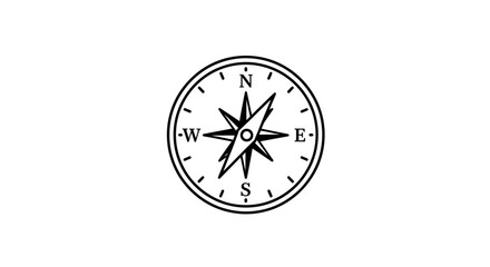 A vector clock icon on a white background incorporates a wind rose star symbol to represent a navigation concept for travel and adventure business design
