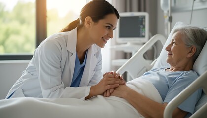 Fototapeta premium Female Doctor Comforting Senior Male Patient Hospital.
