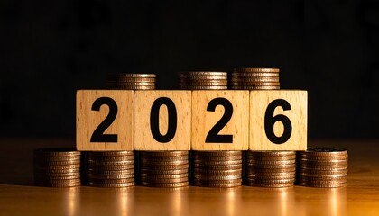 Wooden blocks spelling "2026" with stacked coins. Dark background