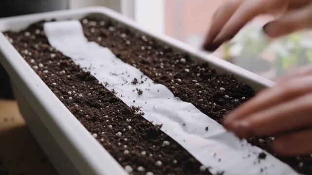 Hands Planting Seed Tape In Indoor Planter Box.