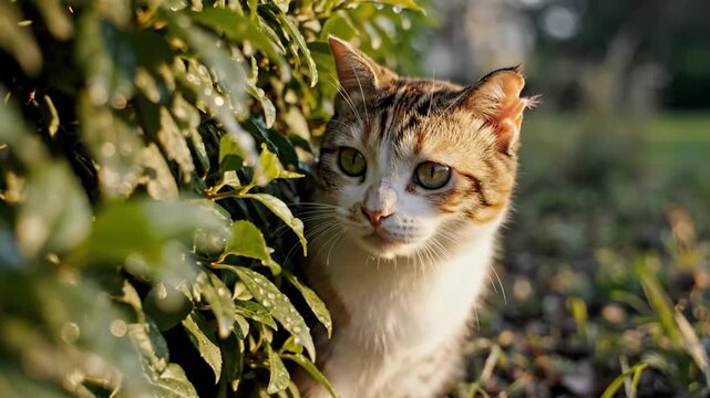 Cute cat close up among green leaves with water drops on a sunny day. Domestic animal hiding in bush looking forward.