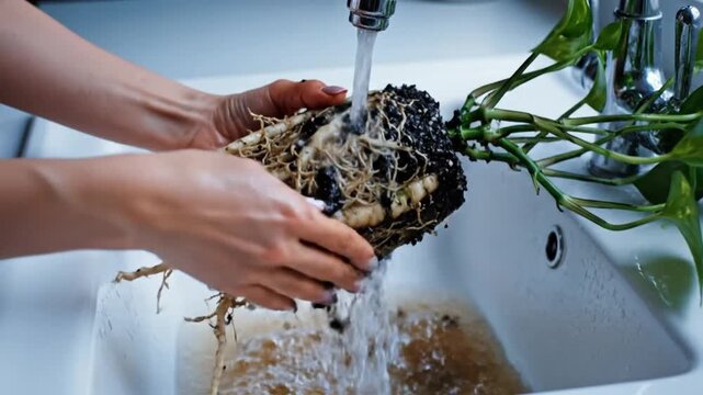 Hands Washing Plant Root Ball Under Tap.