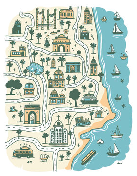 Mumbai City Travel Doodle Illustration with Landmarks, Street Culture and Urban Icons