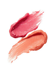 Two swaths of lip gloss, a vibrant pink and a peachy-coral, lay atop a black background, showcasing smooth, creamy textures