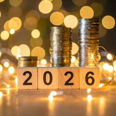 Wooden blocks spelling 2026 with coin stacks and bokeh lights