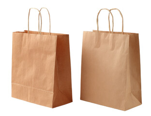 Two light beige paper shopping bags, side-by-side, with simple, rounded handles