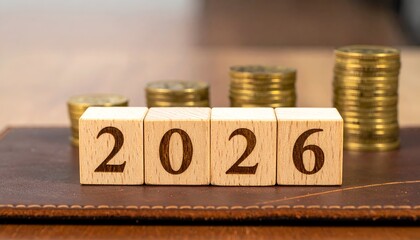 Wooden blocks spelling "2026" with stacked coins in the background