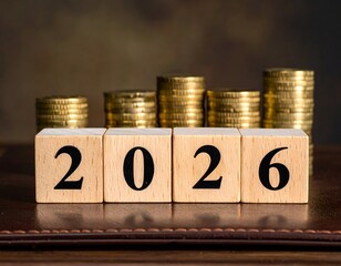 Wooden blocks display year 2026, with stacks of gold coins increasing in height