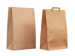 Two light beige paper shopping bags, one slightly angled, both featuring simple handles