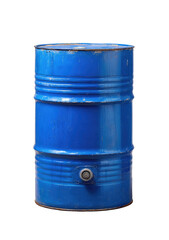 A full, vertical, blue metal barrel.  It's cylindrical and shows signs of use.  A small, dark circular feature is near the middle