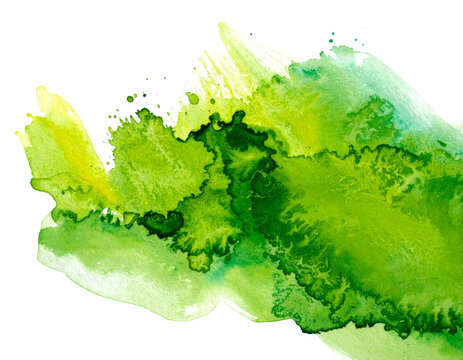 Vibrant green watercolor splash isolated on white background, abstract hand-painted ink blob on textured paper