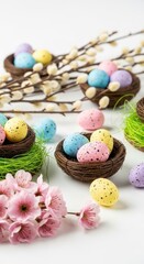 Easter Eggs Nests Pussy Willow Flowers White Background