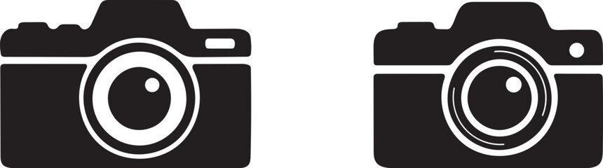 Two black silhouette icons depicting classic film cameras side by side