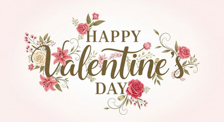 Obraz premium Happy Valentines Day floral lettering with roses and lilies romantic celebration design for greeting cards and invitations isolated on 