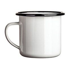 White enamel mug with black rim.  Small, round, and sturdy.  Features a handle.  Blank surface