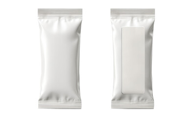 Two identical white plastic pouches, likely for wet wipes or similar, displayed side-by-side.  Each pouch features a sealed top and a rectangular label area