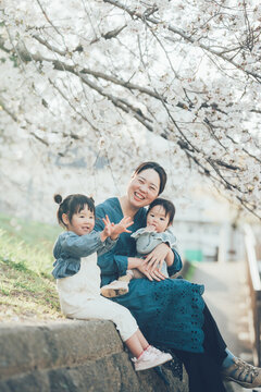 桜の下の母親と娘たち