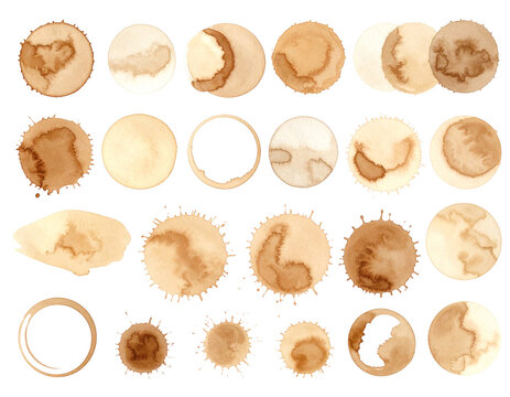 Set of abstract watercolor beige and brown splashes or coffee stains isolated on white background