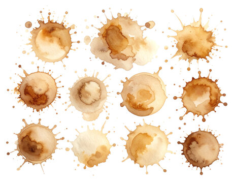 Set of abstract watercolor coffee splatters and stains isolated on white background