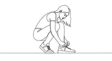 Fototapeta premium Line drawing of a young woman crouching while tying her shoelaces on a transparent background