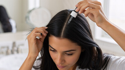 Fototapeta premium Woman applying hair serum from dropper on her scalp. Hair care and treatment concept. Cosmetology clinic marketing.