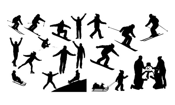 Black silhouettes depict various winter sports activities including skiing snowboarding and sledding