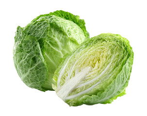 Fototapeta premium Savoy Cabbage Whole and Halved Fresh Vegetable Isolated on transparent background