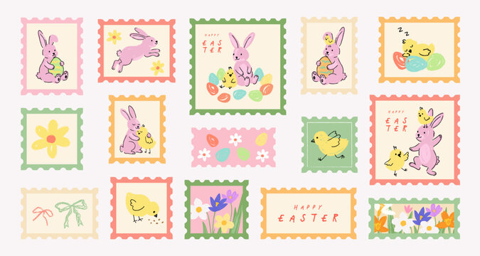 Set of cute and trendy hand drawn Easter postage stamps or stickers featuring a chick, easter bunny, eggs and spring flowers in pastel colors. Happy Easter celebration vector illustration.