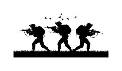 Obraz premium Military Soldiers Silhouette with Birds