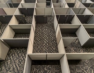 Abstract overhead view of geometric shelving and patterned carpet