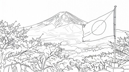 Fototapeta premium Black-and-white line drawing coloring page: Mount Fuji with blooming cherry trees and Japanese flag on pole — serene traditional landscape for cultural creativity