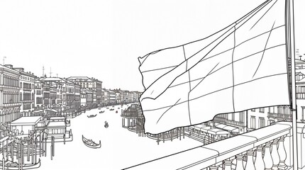 Obraz premium Black-and-white line drawing coloring page: large Japanese flag waving over a canal street scene with traditional boats and urban architecture — cultural cityscape for creative learning