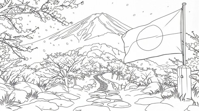 Black-and-white line drawing coloring page: Mount Fuji with cherry blossoms, stream, and Japanese flag &mdash; serene traditional landscape for cultural creativity